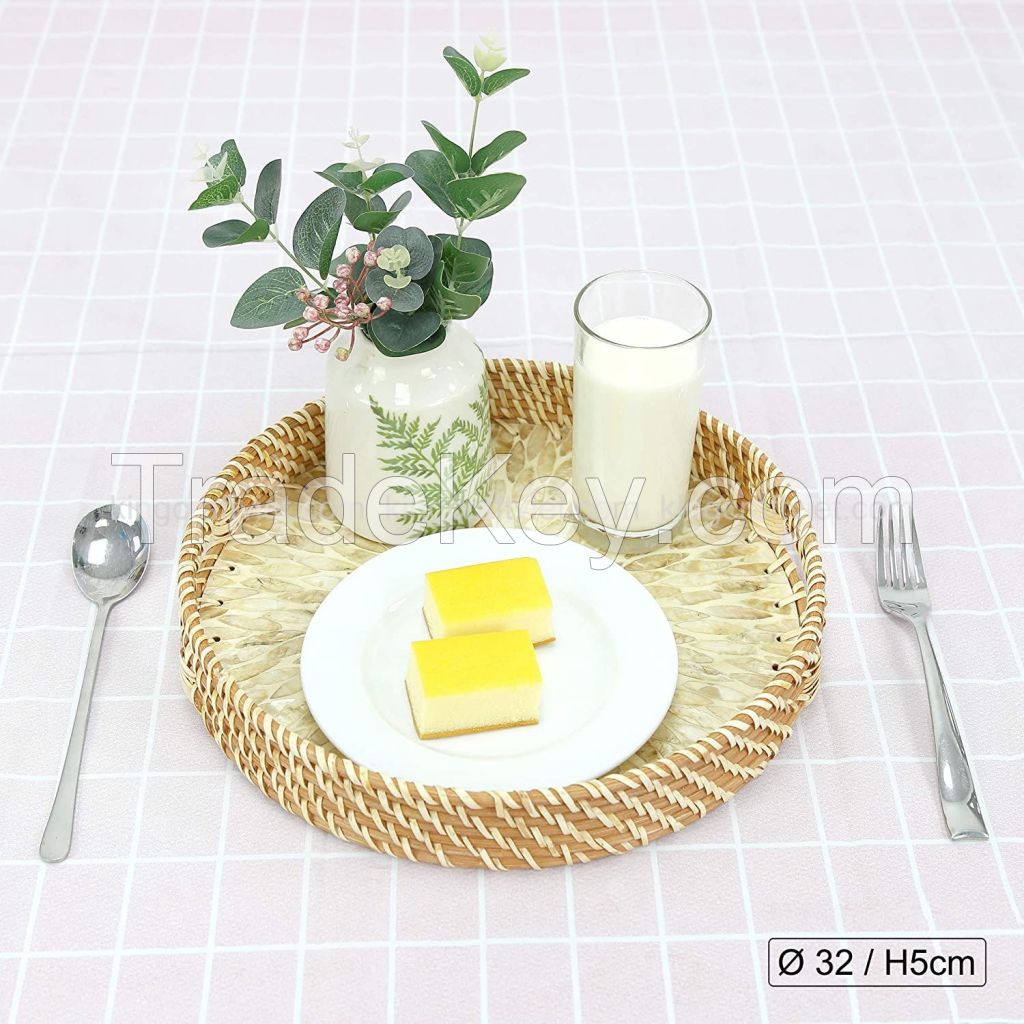 Vietnam Eco-friendly HIGH QUALITY Unique Decor Round SERVING TRAY Mother Of Pearl Rattan Tray