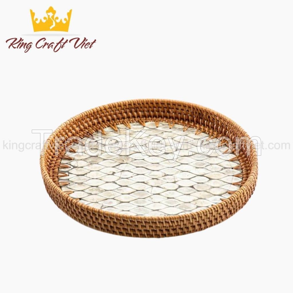 Vietnam Hot Item Eco-friendly Rustic Decor Round Serving Tray Mother Of Pearl Rattan Tray 2021