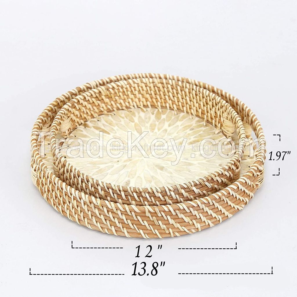 Vietnam Eco-friendly HIGH QUALITY Unique Decor Round SERVING TRAY Mother Of Pearl Rattan Tray