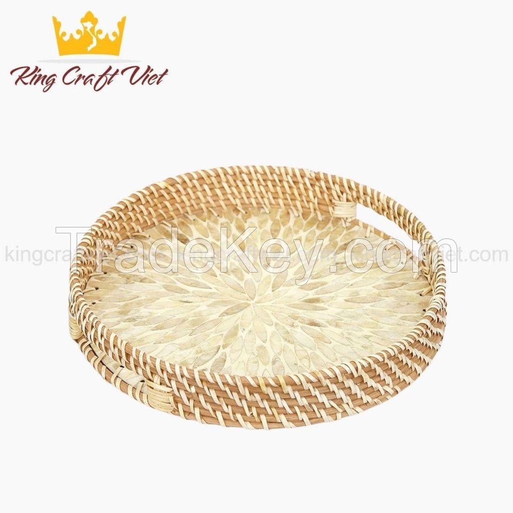 Vietnam Eco-friendly HIGH QUALITY Unique Decor Round SERVING TRAY Mother Of Pearl Rattan Tray