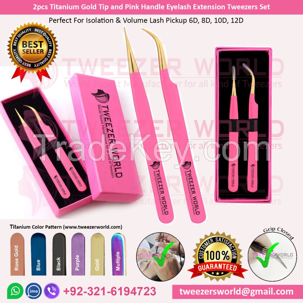 2pcs Titanium Gold Tip And Pink Handle Eyelash Extension Tweezers Set