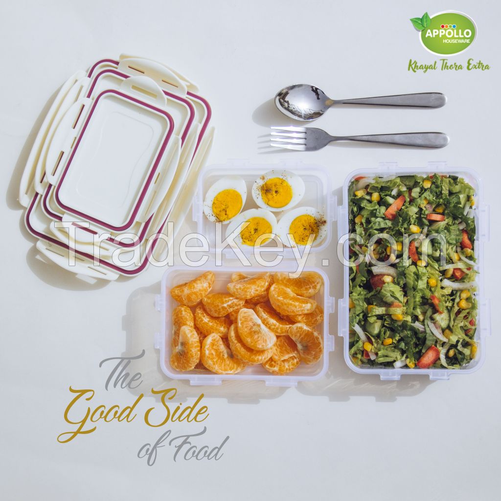 Appollo houseware Cafe food keeper 3pc set (300ml, 600ml 1000ml) high quality rectangle light weight food container for refrigerator and microwave easy to handle durable air tight food container.