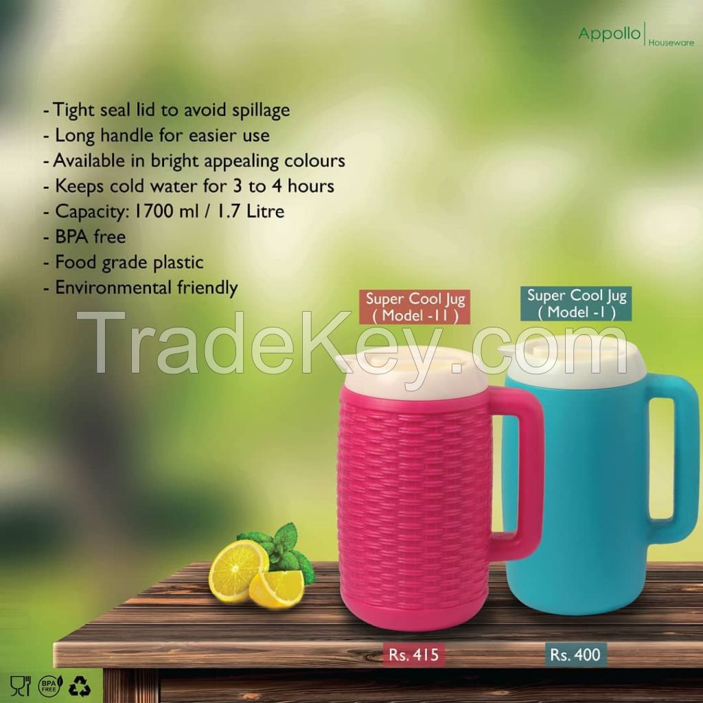 Appollo houseware Super Cool Jug model 2 (1.7 liter) high quality Jug for picnic and parties, easy to handle durable, unbreakable reusable jug for dinner and side tables.