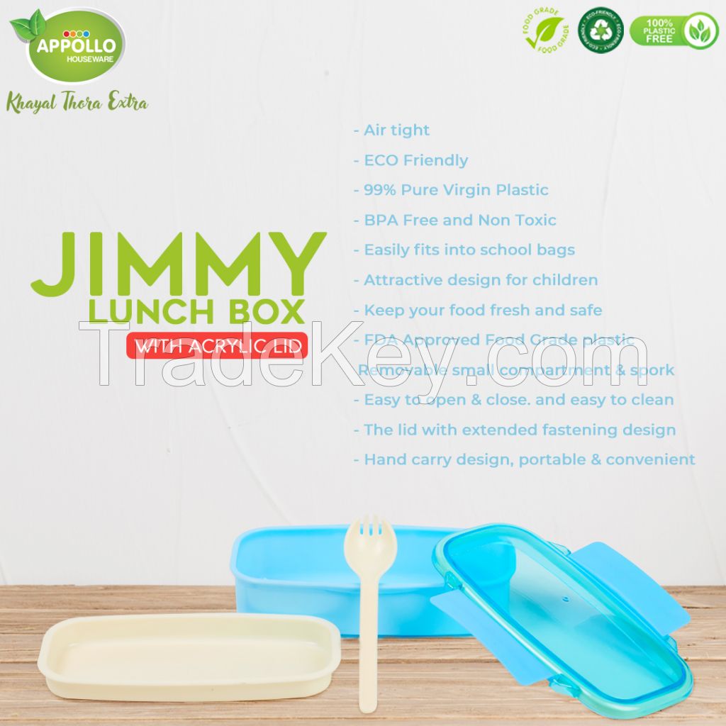 Jimmy Lunch Box model 1 high quality rectangle light weight easy to handle durable air tight lunch box for kids, plastic food container for storing food items, unbreakable reusable lunch packing box, easy to carry stackable lunch box.