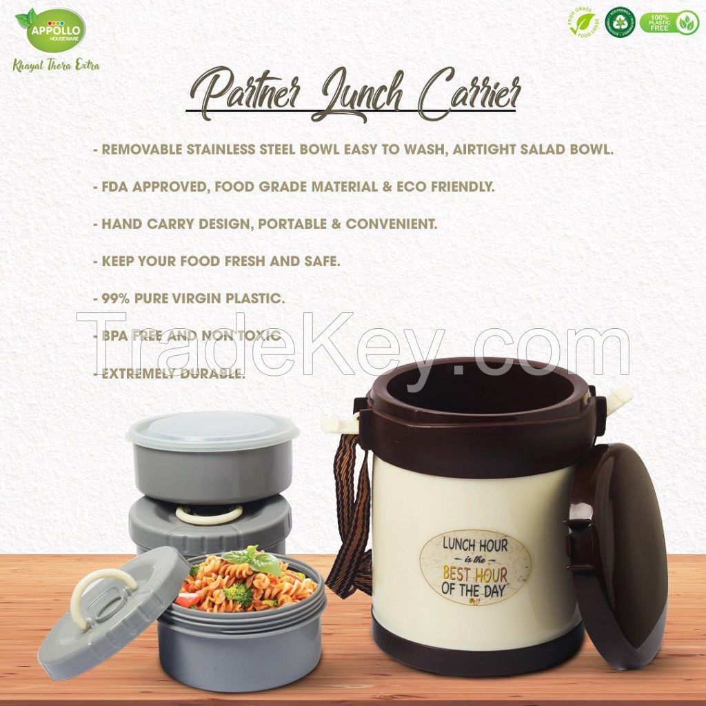 Partner Lunch Carrier Large (2 steel bowls and 1 salad bowl)  for food storing, plastic food carrier for office and picnic, BPA free ecofriendly food keeper, washable and easy to clean food carrier.