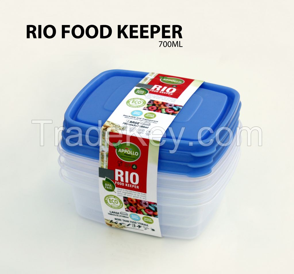 Appollo houseware Rio Food Keeper large 3pc Set (3 x 700ml) high quality rectangle light weight food container for refrigerator and microwave easy to handle durable air tight food container plastic food container, unbreakable reusable food containers.