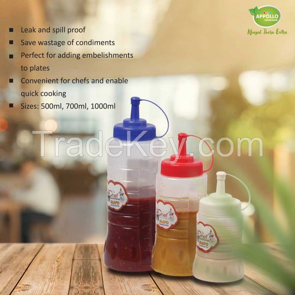 Appollo houseware Mayo bottle Small, Large, X-Large (500ml, 700ml, 1000ml) high quality light weight mayonnaise bottle for parties and picnic easy to handle durable air tight mayo and ketchup jar plastic mayo bottle for storing, unbreakable reusable easy