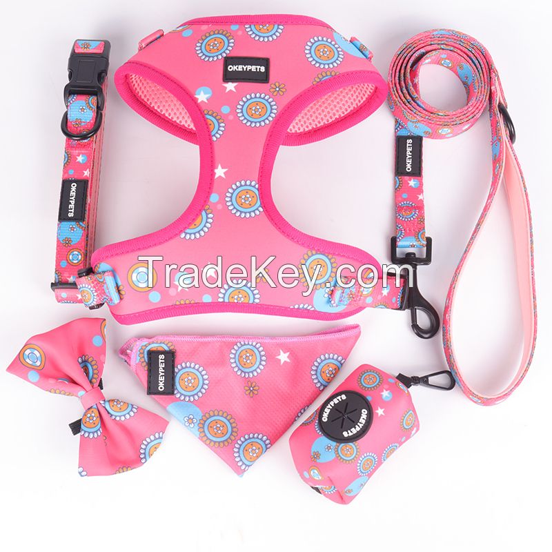 OKEYPETS Suppliers 6 in 1 Pet Accessories Customized Pattern Adjustable Dog Collar Matching Dog Leash and Harness For Wholesale