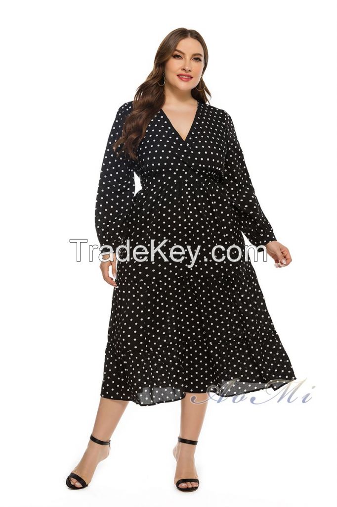 Plus Size Dresses Black Polka Dot Lantern Sleeve Large Size Dresses Summer Oversize Dress