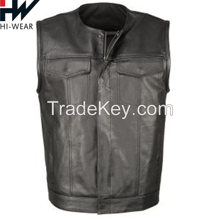 OEM Custom Men&#039;s Black Leather Collarless Club Style Vest with Quick Draw Pocket 