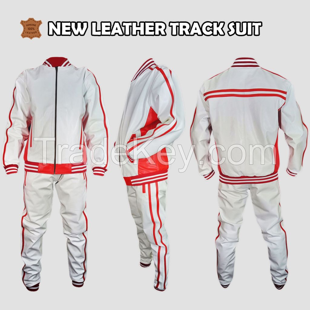 Men&#039;s Real Leather fashion style White with Red Strip Tracksuit Set