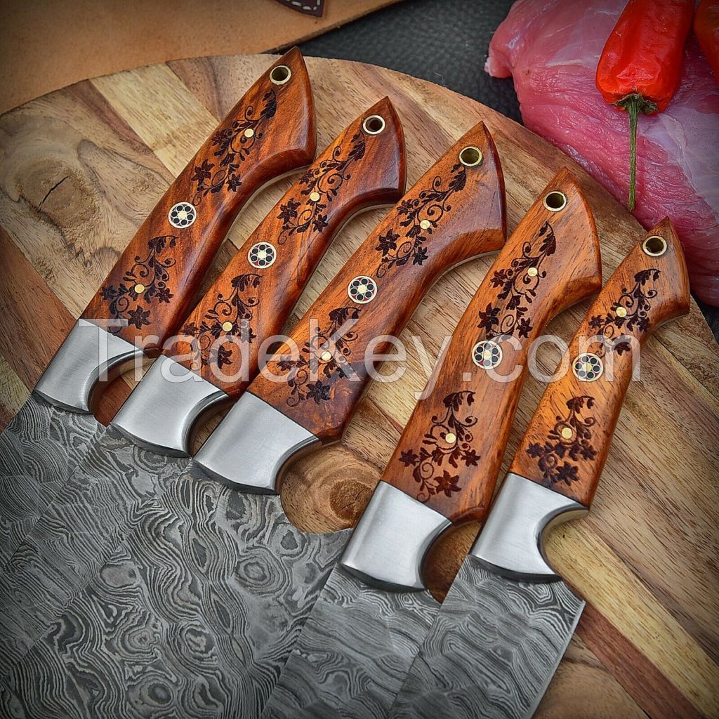 Damascus Steel Kitchen Chef Knife Set Chef's 5 Knives With Free Leather Roll Bag