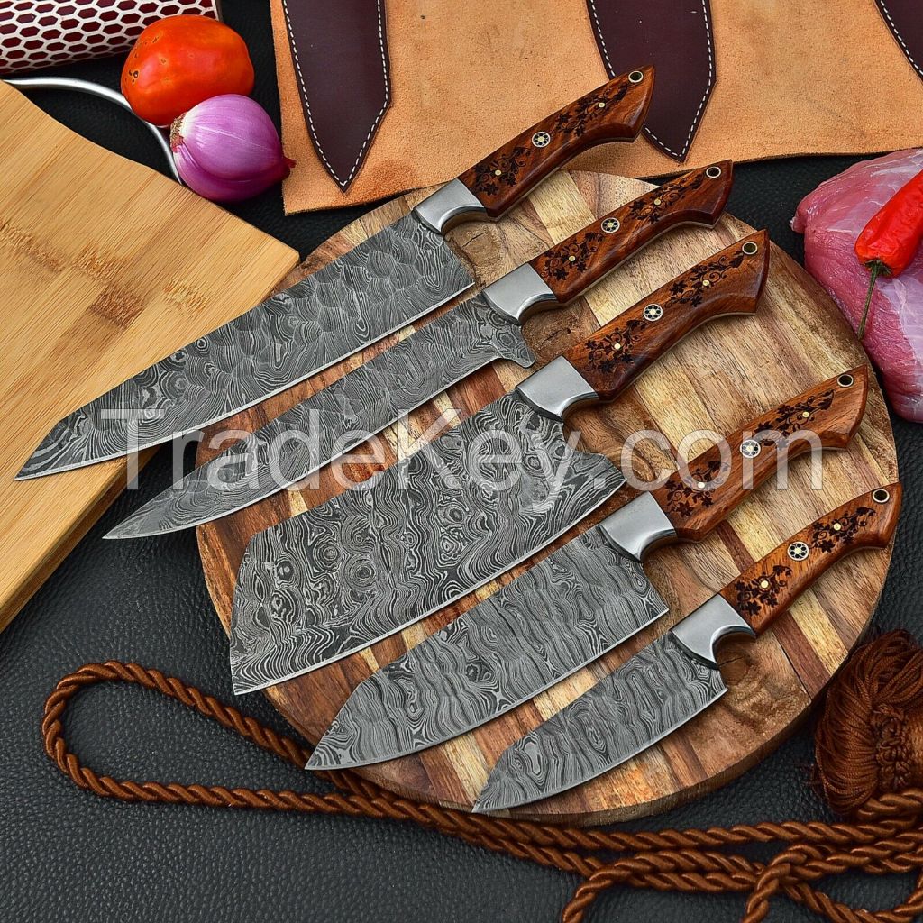 Damascus Steel Kitchen Chef Knife Set Chef's 5 Knives With Free Leather Roll Bag