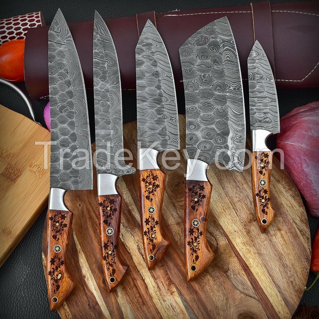 Damascus Steel Kitchen Chef Knife Set Chef's 5 Knives With Free Leather Roll Bag