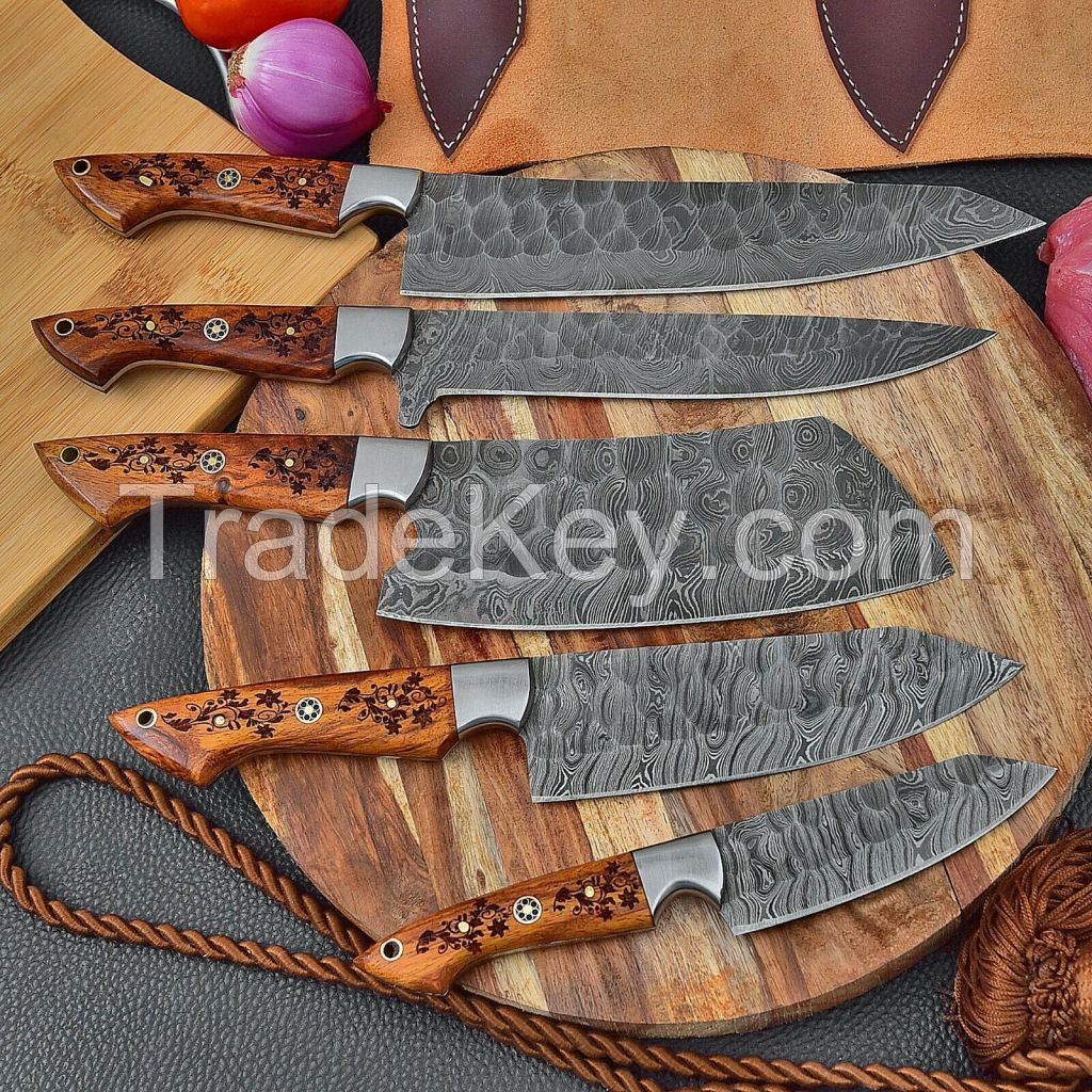 Damascus Steel Kitchen Chef Knife Set Chef&#039;s 5 Knives With Free Leather Roll Bag