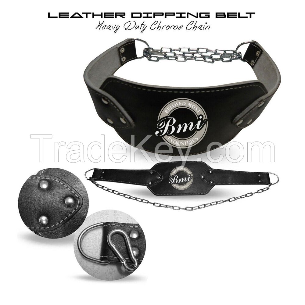 2024 New Leather Dip Belts with Heavy Steel Chain & Double D-Ring Pull Ups Training Dipping Belt