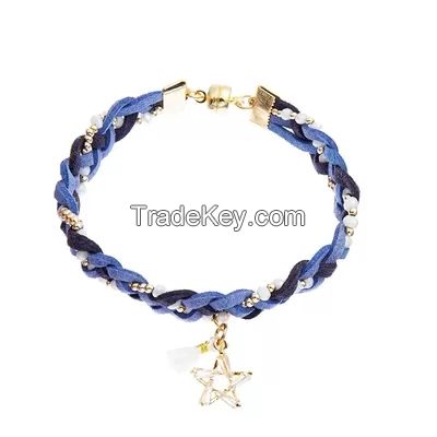 Suede Braid Magnetic Beads Bracelet Navy Blue 7.25 Inches For Adult