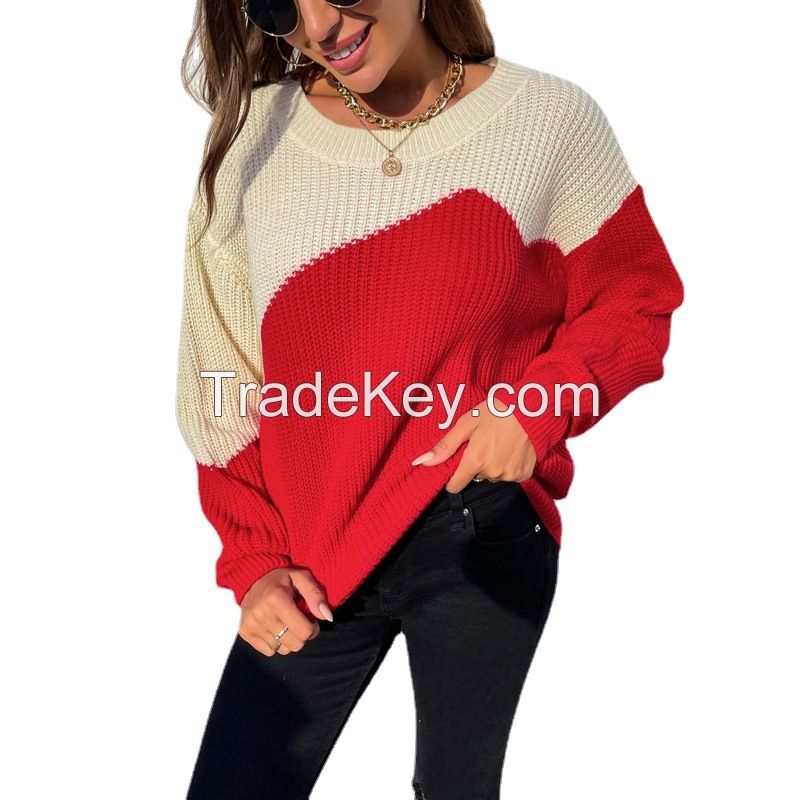 Sweater female New Amazon hot sale Round collar Contrast color Joining together Set head knit Women&