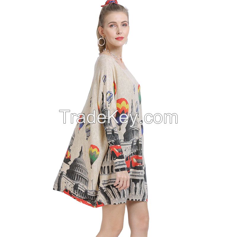 Custom Women&apos;s Knitted Batwing Dress Leisure Lady Covering Buttocks Hand-painted Screen Print P