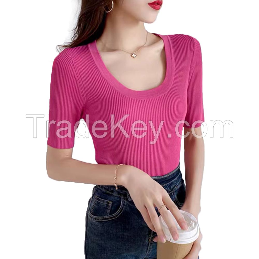 Wholesale custom 2021 fall Fashion 6 colors Ladies ribs pullover Knit Short Sleeve U-neck Women&apos