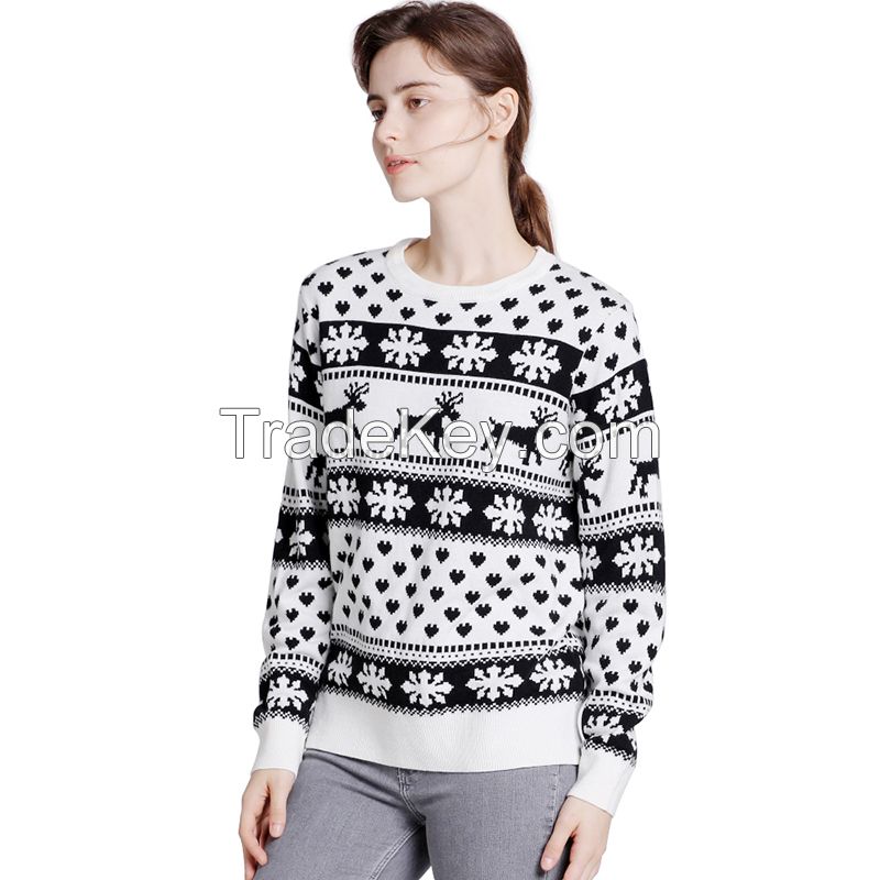 Custom Winter Design Woman&apos;s Knitted sweater pullover reindeer jacquard ladies Knit jumper Funn