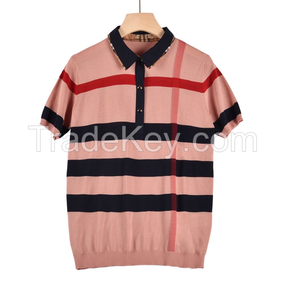 Wholesale Striped Short Sleeve Polo Knitted jumper OEM Organic cotton Recycled yarn sweater Women&ap