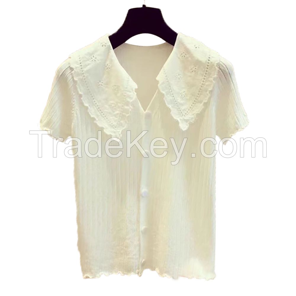 Wholesale 2021 New Design knitted Short Sleeve V-neck With button and butterfly collar Women&apos;s 