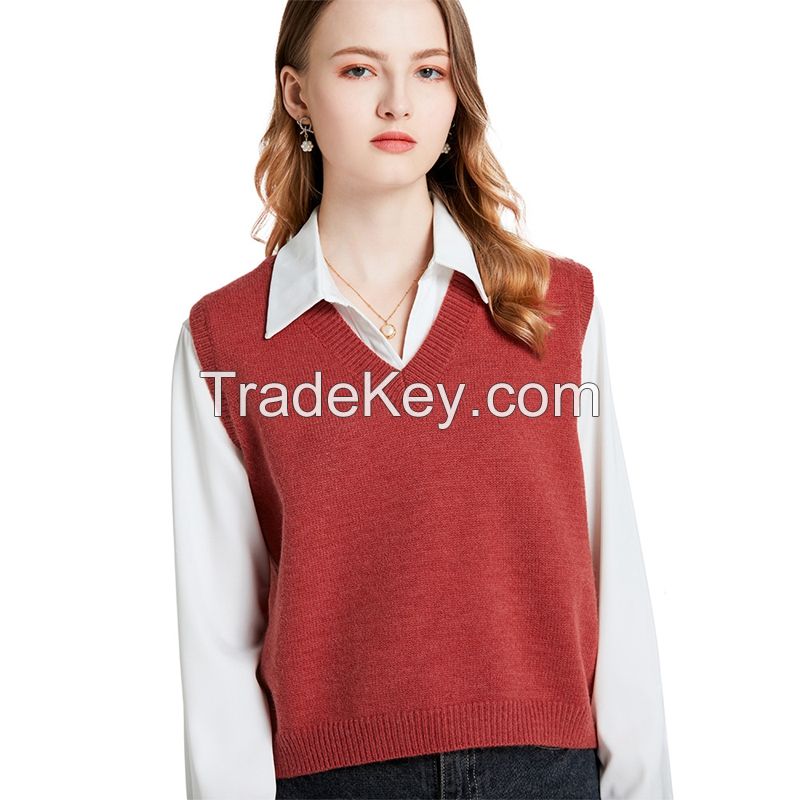 2021 Fall New arrival solid  plain color knitted sweater OEM casual custom top V-neck sleeveless swe