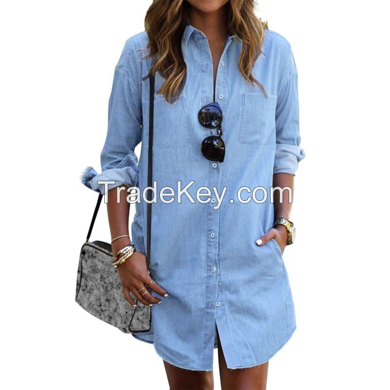 Wholesale hot sale sexy classic popular slim fit long sleeve denim tops shirt jeans blouse women