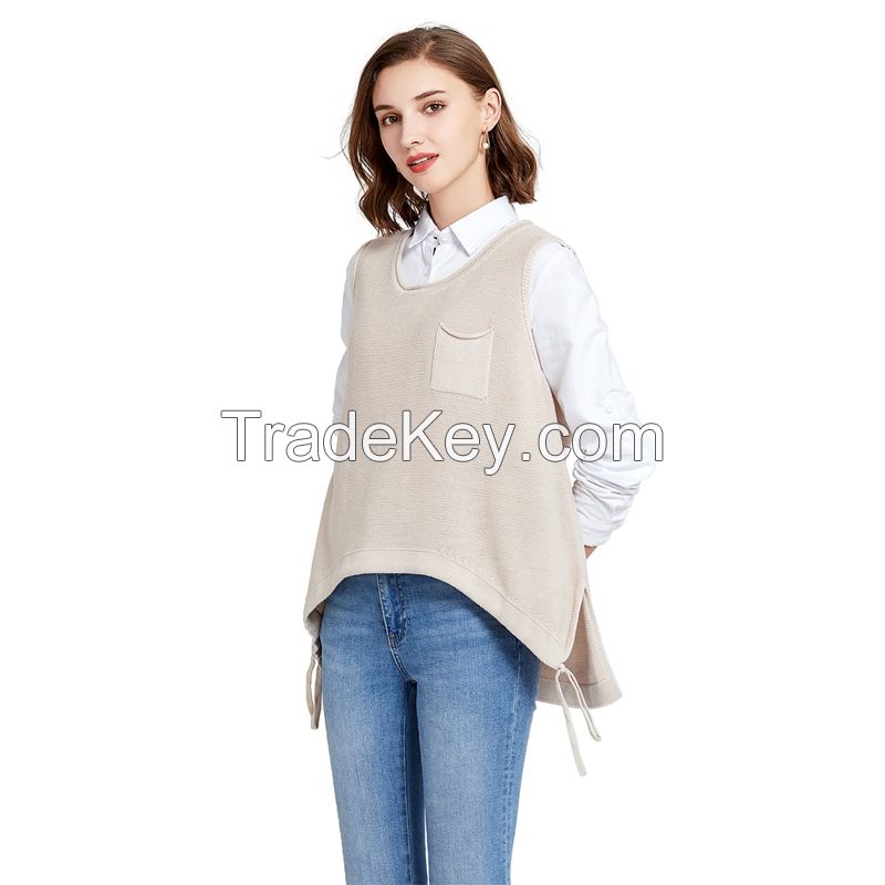 Knitwear vest women&apos;s autumn sleeveless top with vest pocket loose round neck drawstring lace u