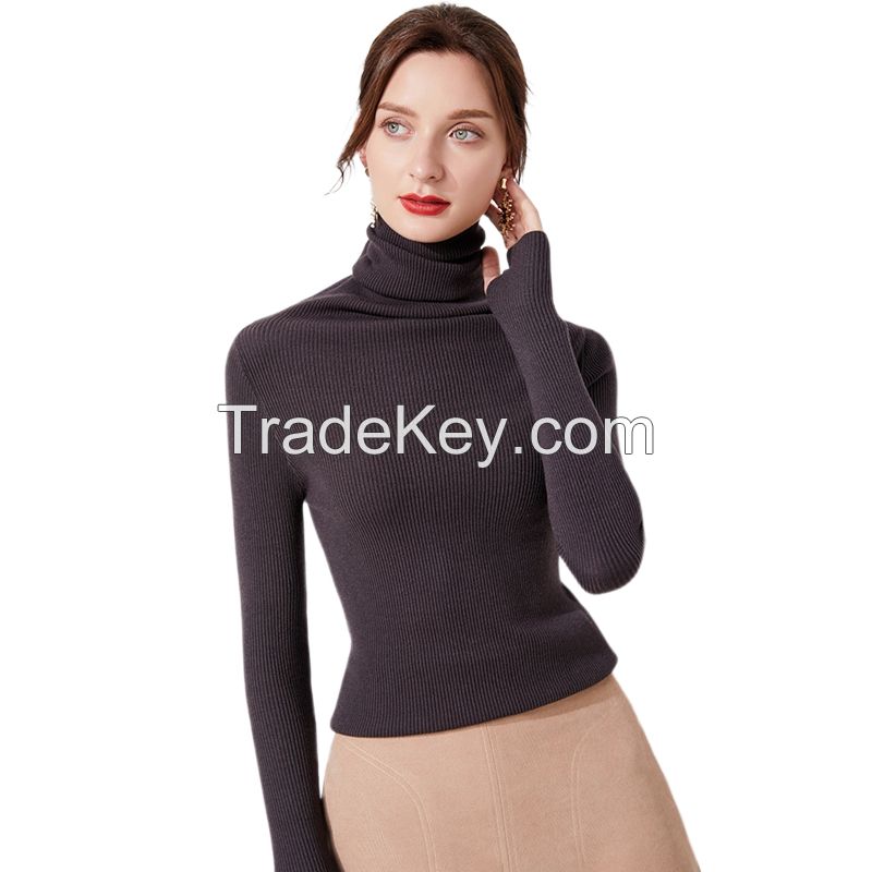 High Collar Women&apos;s Turtleneck Sweaters Bodycon Knitted Crop Sweaters Plain Knitted Women&apos;