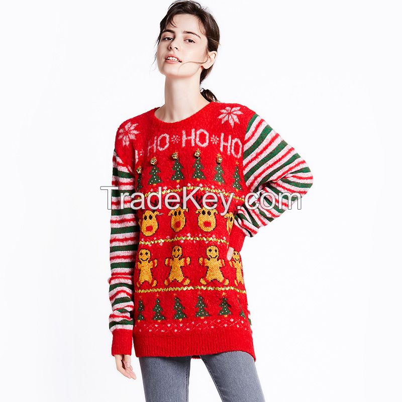 2021 Fall Winter Christmas pullover Holiday Cartoon Metal bell Women&apos;s Knitted sweaters Custom 