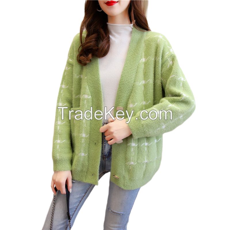 Knit Cardigan With V Neck Dropped Shoulders Cardigan For Women Loose wool Content Cardigan Sweater W