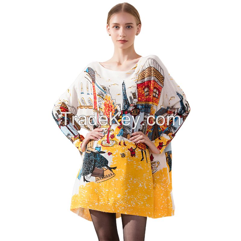 Wholesale custom winter Women knitted pullover retro casual batwing cover hip long dress Plus size W