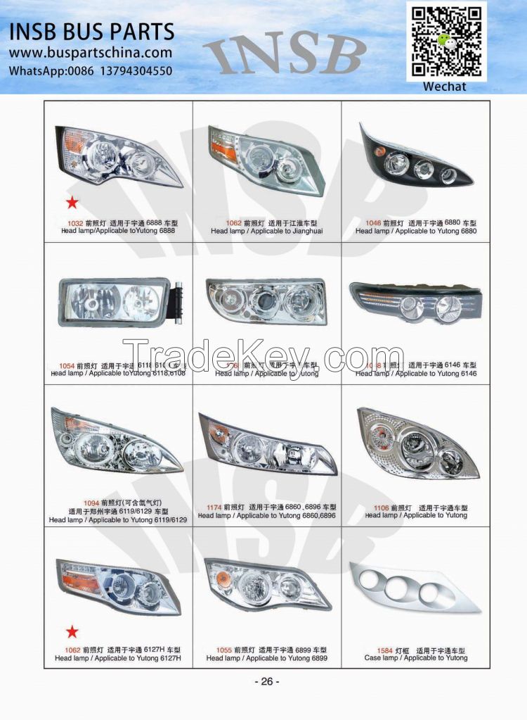 yutong/higer/irizar/marcopolo bus parts headlamp bus rearlamp rearview mirror bus accessories