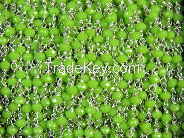 Peridot Green Crystal 3mm Wire Wrapped Rosary Style Chain