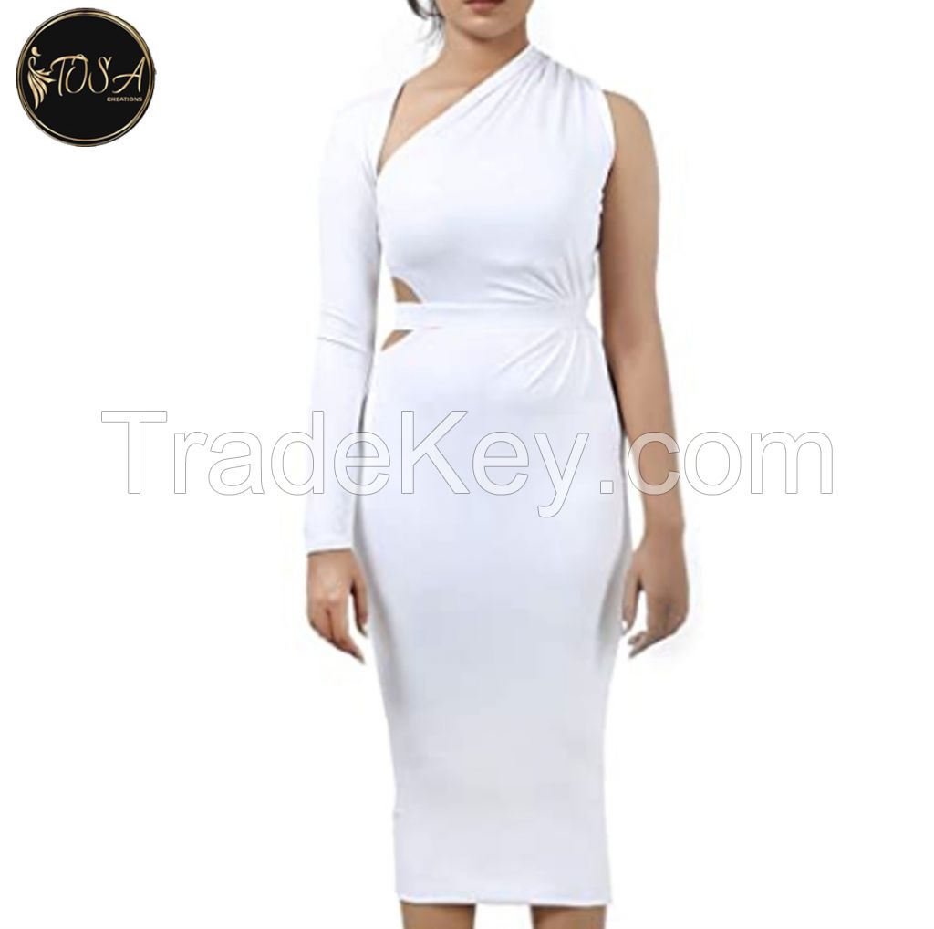 Summer Fashion Sexy Slim Solid Asymmetrical Spaghetti Strap High Slit Midi Party Clubwear Sheath Bodycon Dress