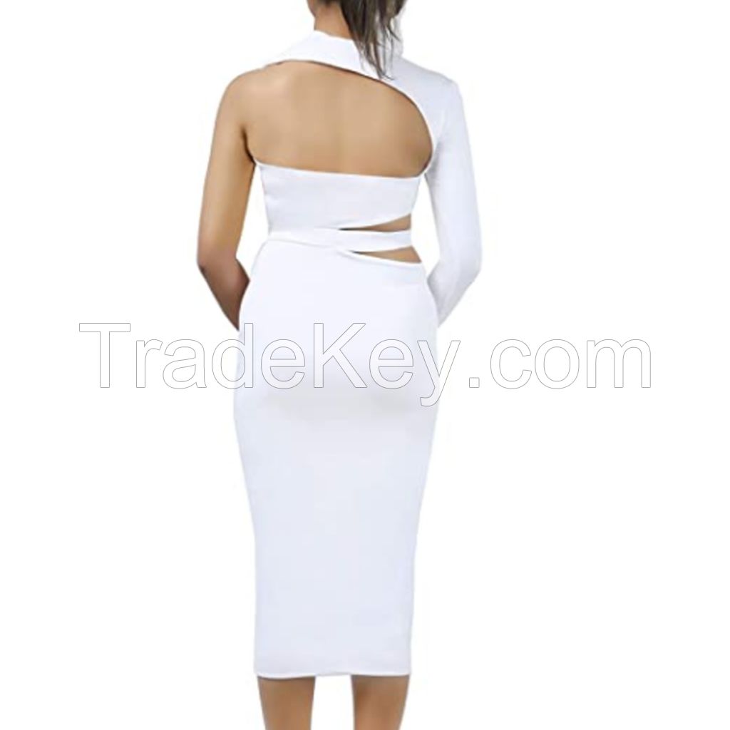 Summer Fashion Sexy Slim Solid Asymmetrical Spaghetti Strap High Slit Midi Party Clubwear Sheath Bodycon Dress