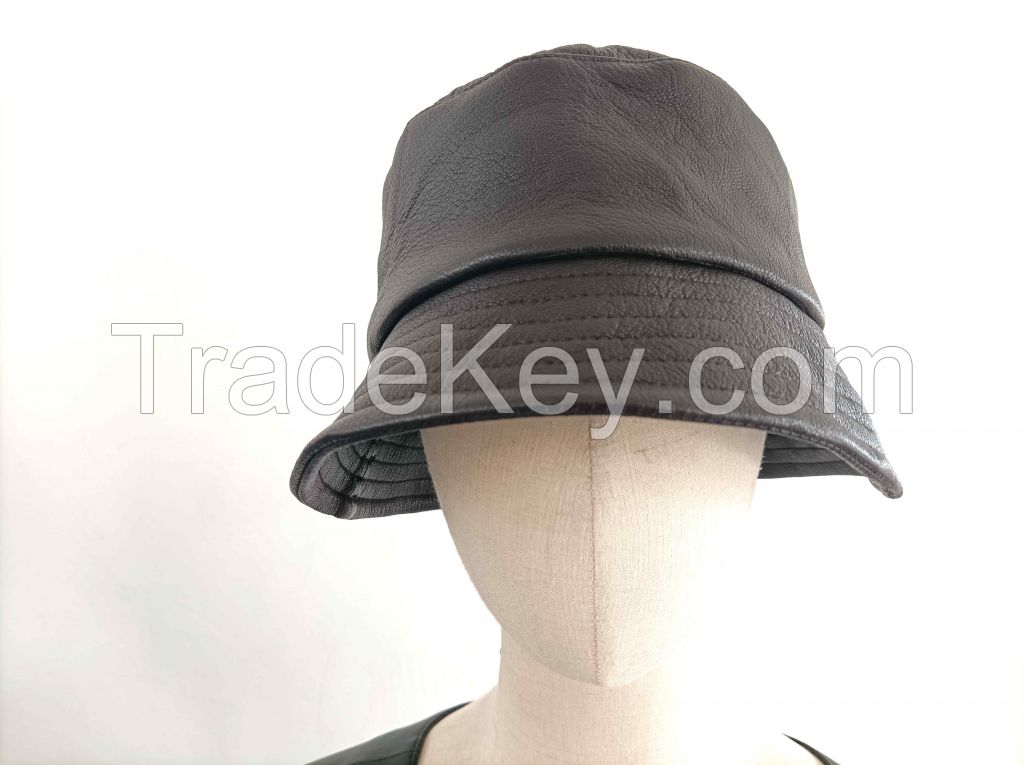 Men's fashion genuine deerskin leather bucket hat fisherman hat