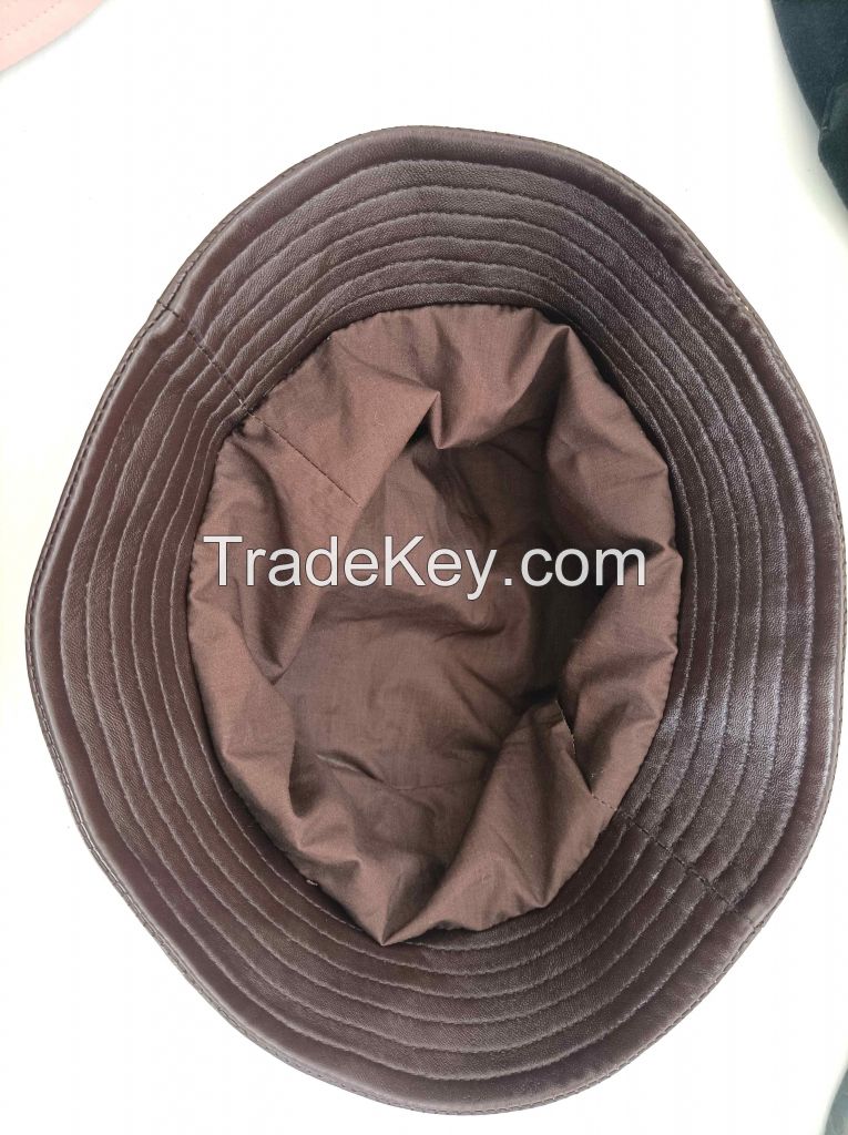 Women's fashion genuine sheepskin leather bucket hat