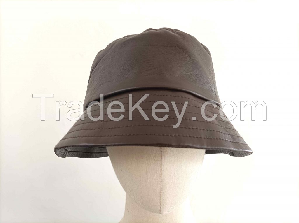 Women's fashion genuine sheepskin leather bucket hat