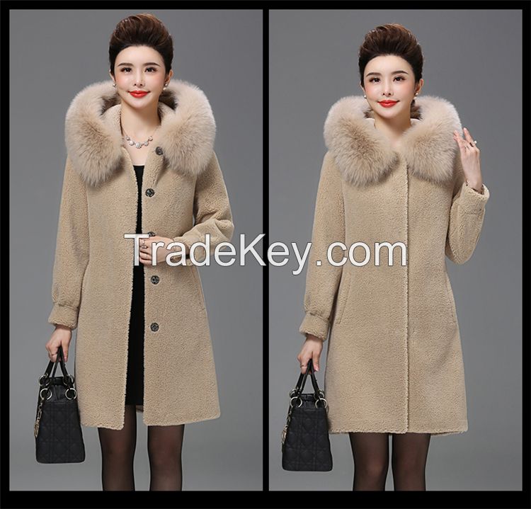 European Style Ladies Fleece Winter Shearling Fur Overcoat Warm Wool Jacket Boutique Sheepskin Integrated Lamb Fur Women Coat