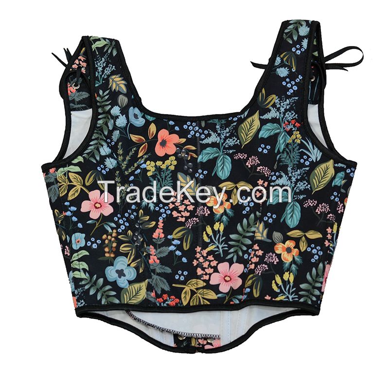 New Print Floral Lace Up Corset Vest