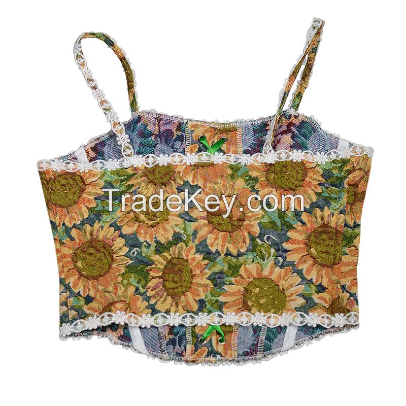 Vintage Embroidered Vest for Wome Lace Up Sunflower Print Corset 2022 Spring New Clothing