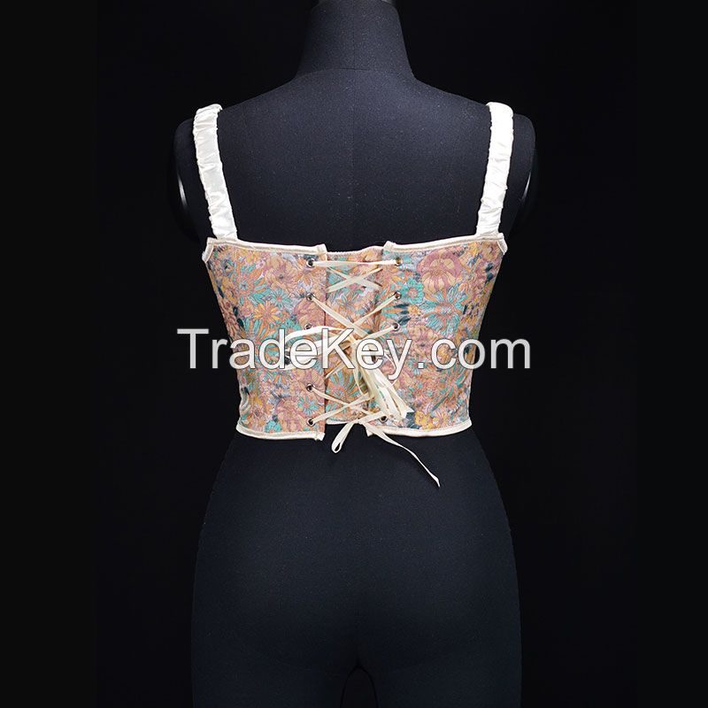 Women Off Shoulder Embroidery Corset Crop Top O Neck Backless Floral Print Sexy Summer Casual Sleeveless Tank Tops 2022