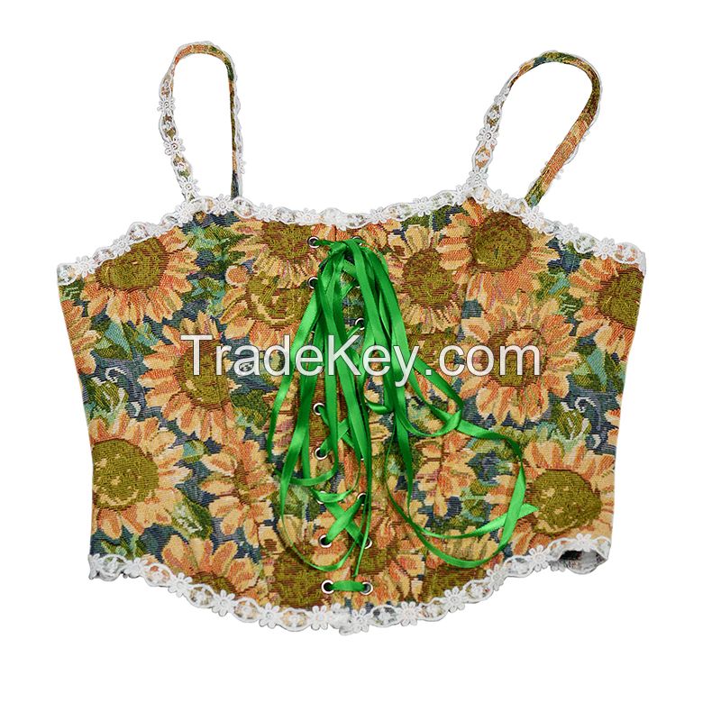 Vintage Embroidered Vest for Wome Lace Up Sunflower Print Corset 2022 Spring New Clothing