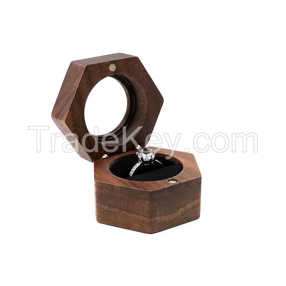 Luxury Hexagon Shape Wooden Ring Box Natural Walnut Wood Ring Display Box With Transparent Acrylic Lid