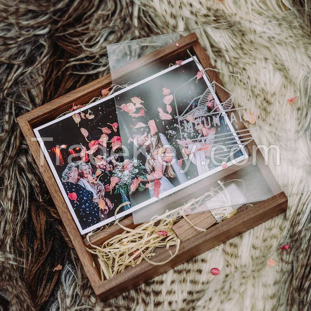 Hot Sale Wooden Photo Album Packaging Box Natural Walnut Wood Picture Album Storage Box With Acralic Lid