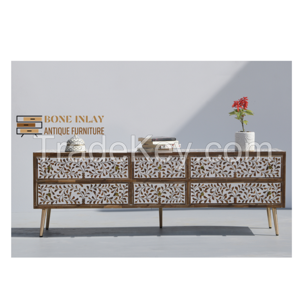 Wood Inlay Media Console Table 