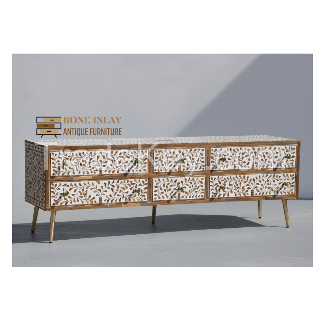 Wood Inlay Media Console Table 